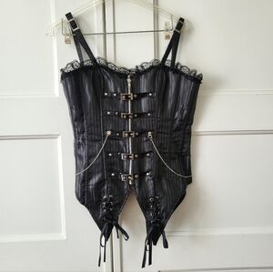 Black Satin Striped Corset Buckles Chains Lace Trim Goth Punk